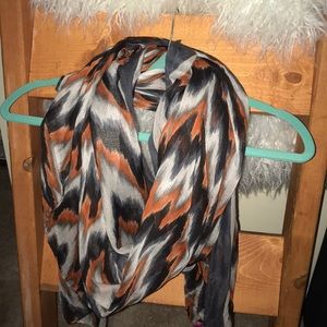 100% polyester blue, orange, white design scarf